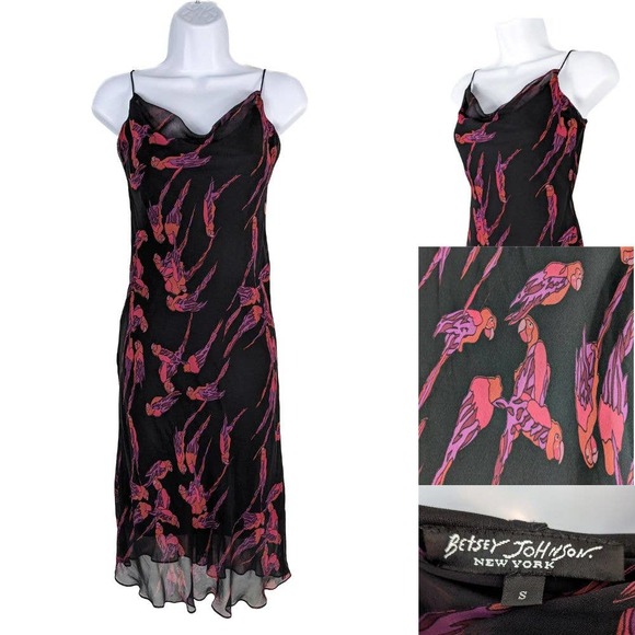 Betsey Johnson Dresses & Skirts - Vintage Betsey Johnson Midi Dress S Slip Silk 90s Parrots Tropical Black Pink